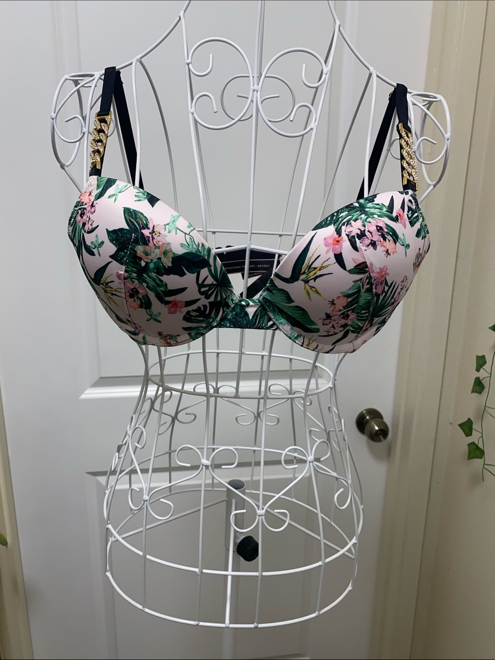 Victoria's Secret Pink Floral Push-Up Bra with Gold Chain Straps
